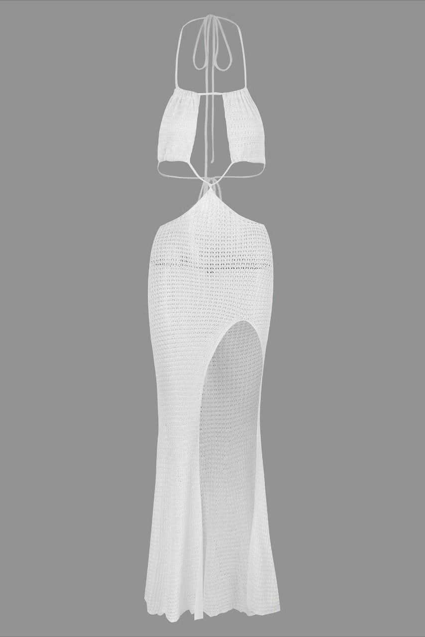 White crochet style beach maxi dress with side slit 