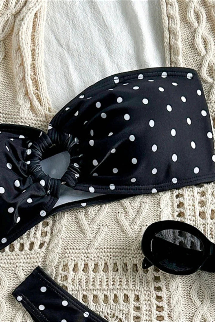 White polka dots on black bandeau bikini set for women
