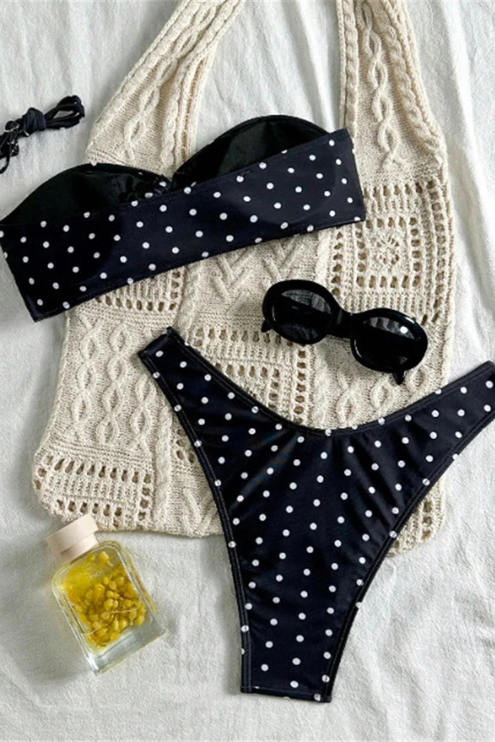 White polka dots on black bandeau padded bikini set  