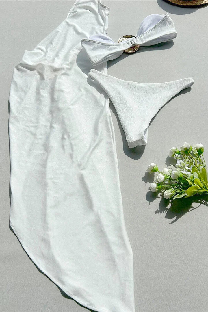 White strapless bandeau bikini set with asymmetric one shoulder cover up 
