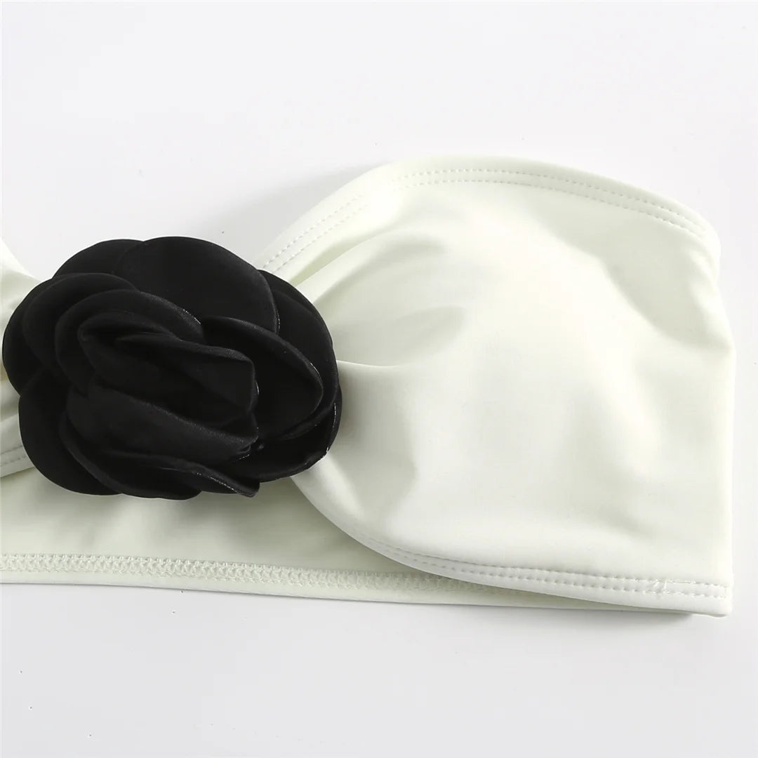 White strapless bikini top 3D floral accents, includes pads for comfortable support