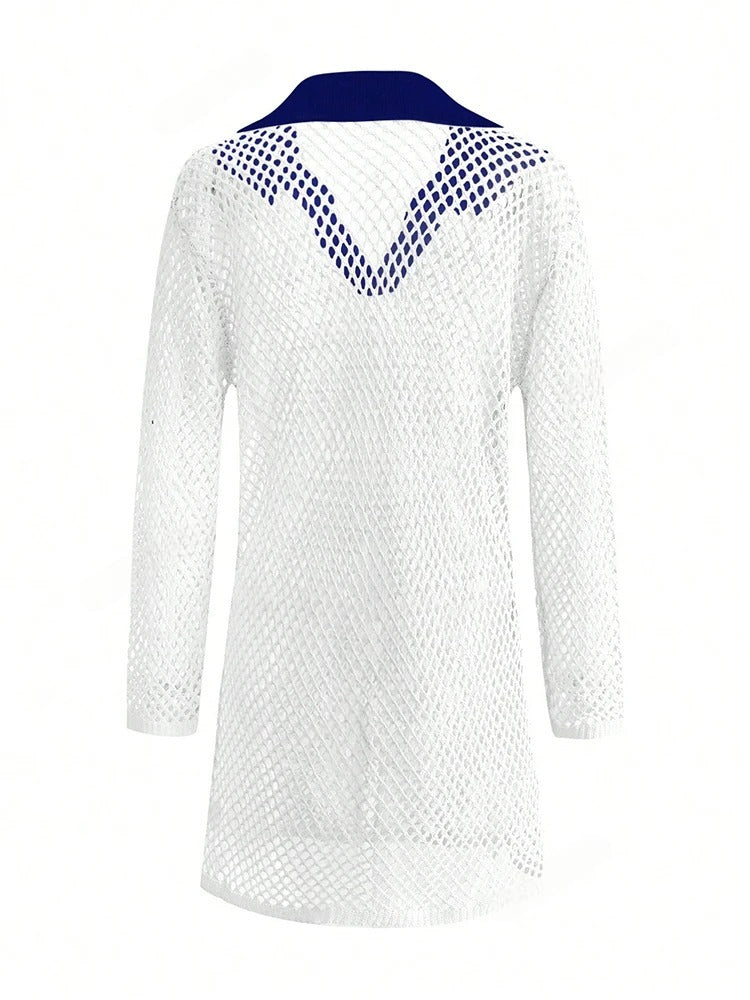 White textured cover up dress with blue collar on a white background