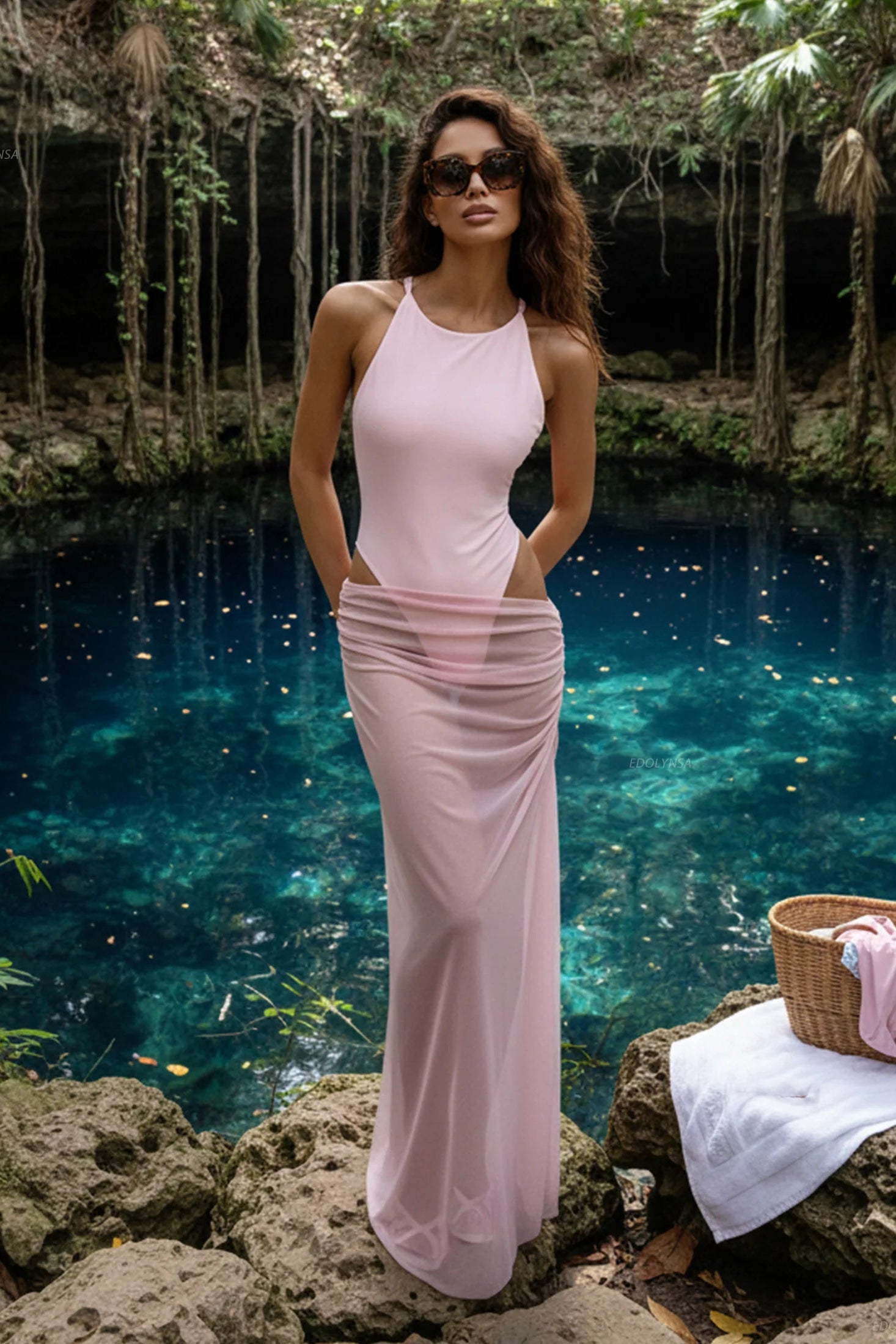 Woman in a pink one piece and cover up skirt standing by a natural pool with greenery