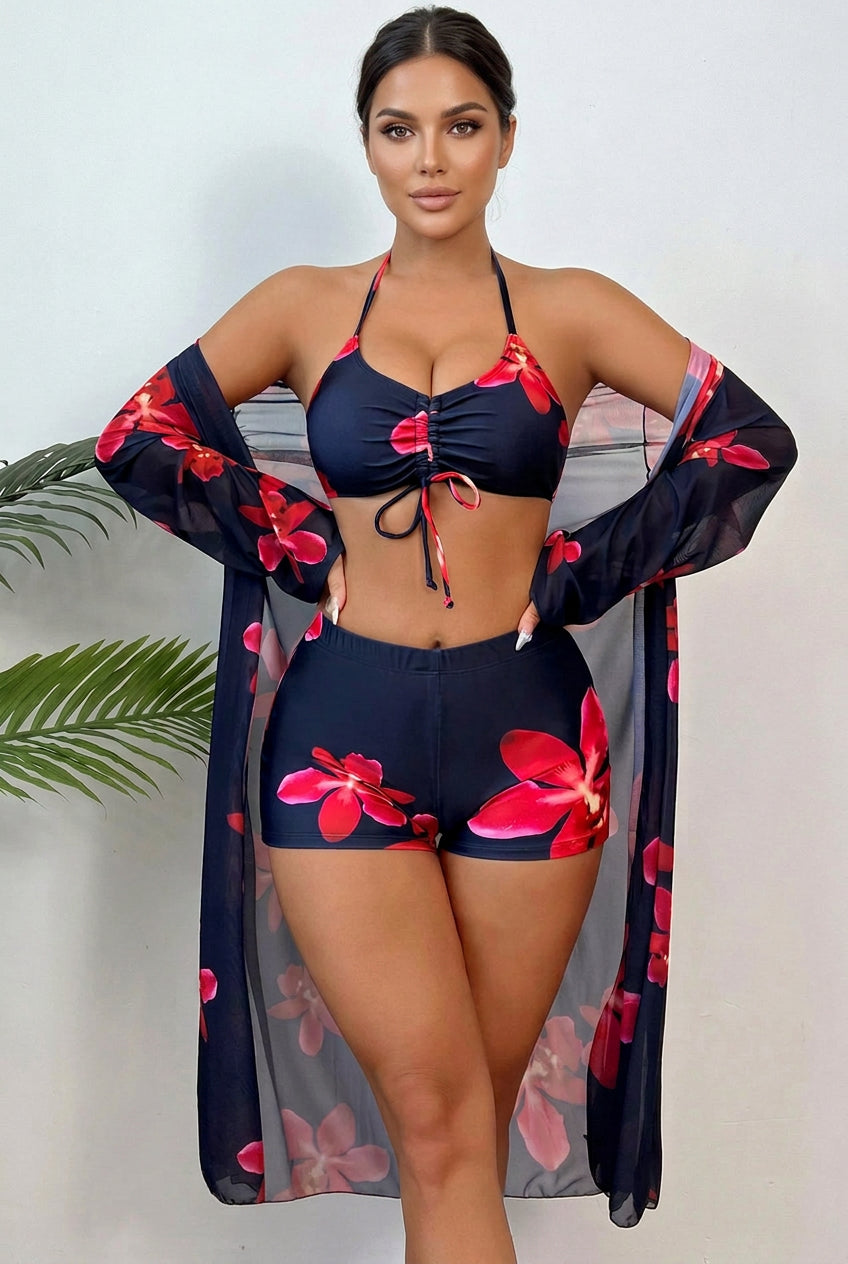 Women’s Floral 3-Piece Beachwear Set – Bikini & Long Sleeve Cover Up