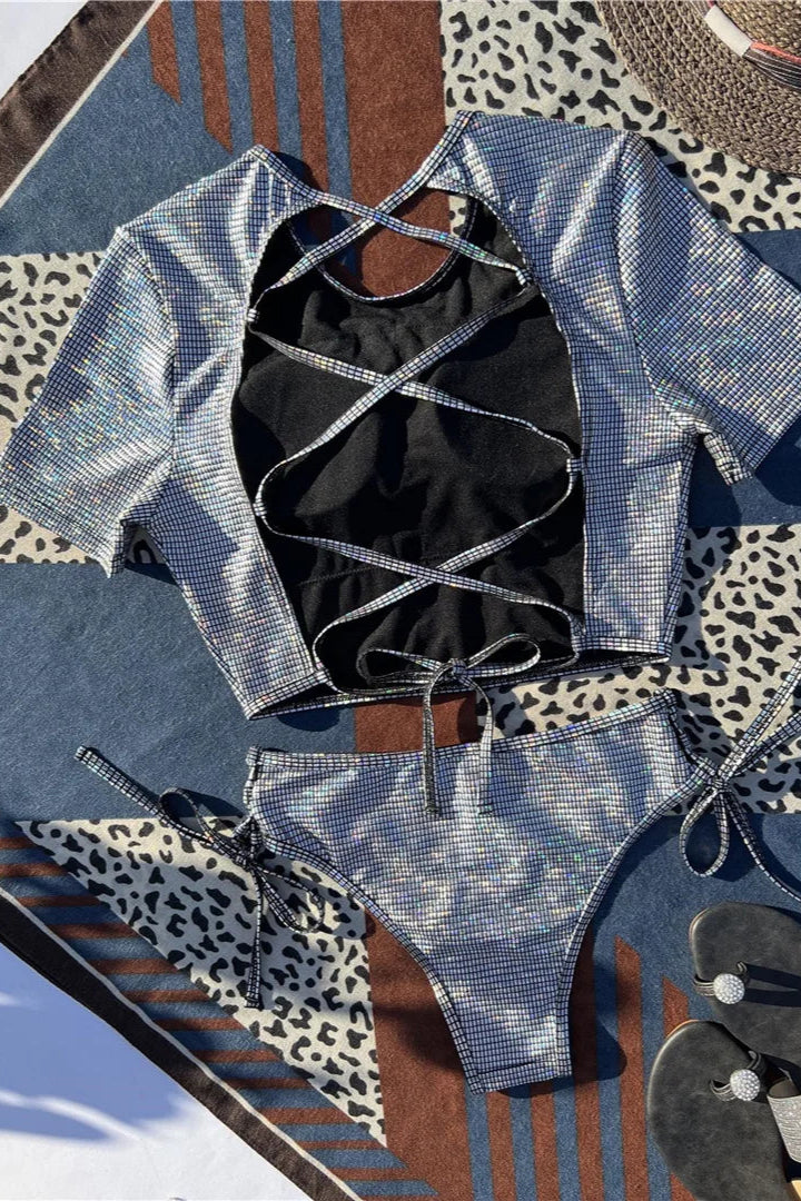 Women’s bikini Bling Cross Back Crop Top Short Sleeve Bikini Set for Women