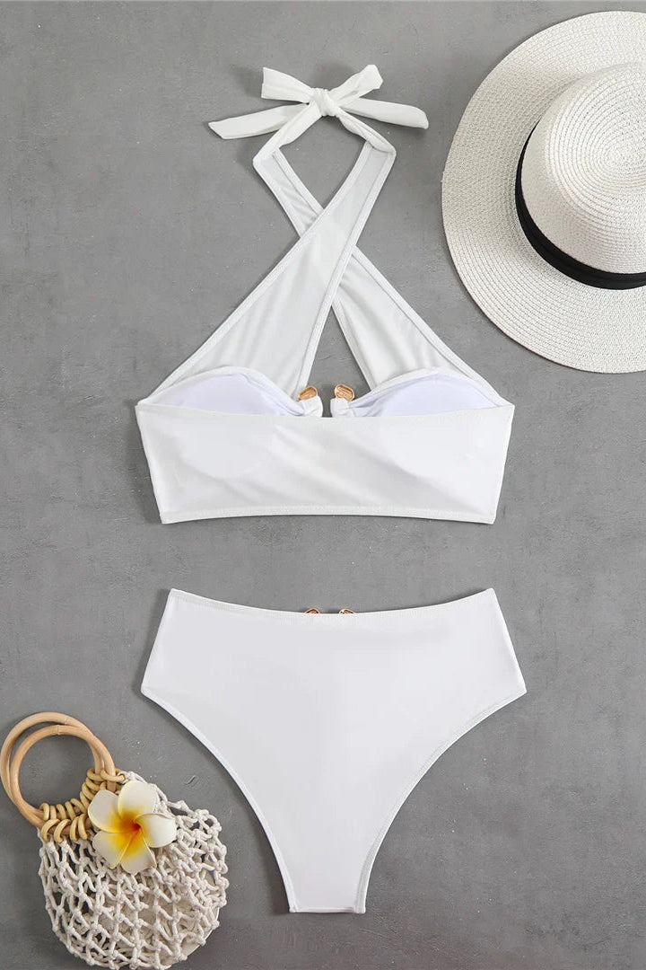 Women’s bikini Solid Halter Neck Cut Out High Waist Bikini Set 