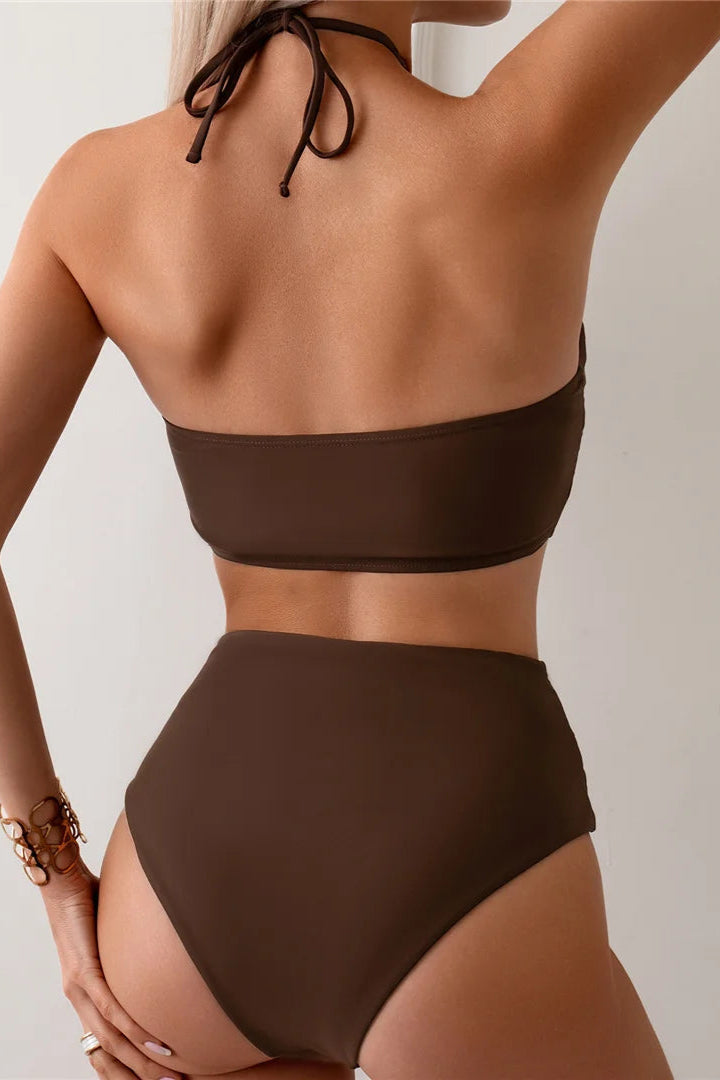 Women wearing halter neck  Brown bikini set on a plain background
