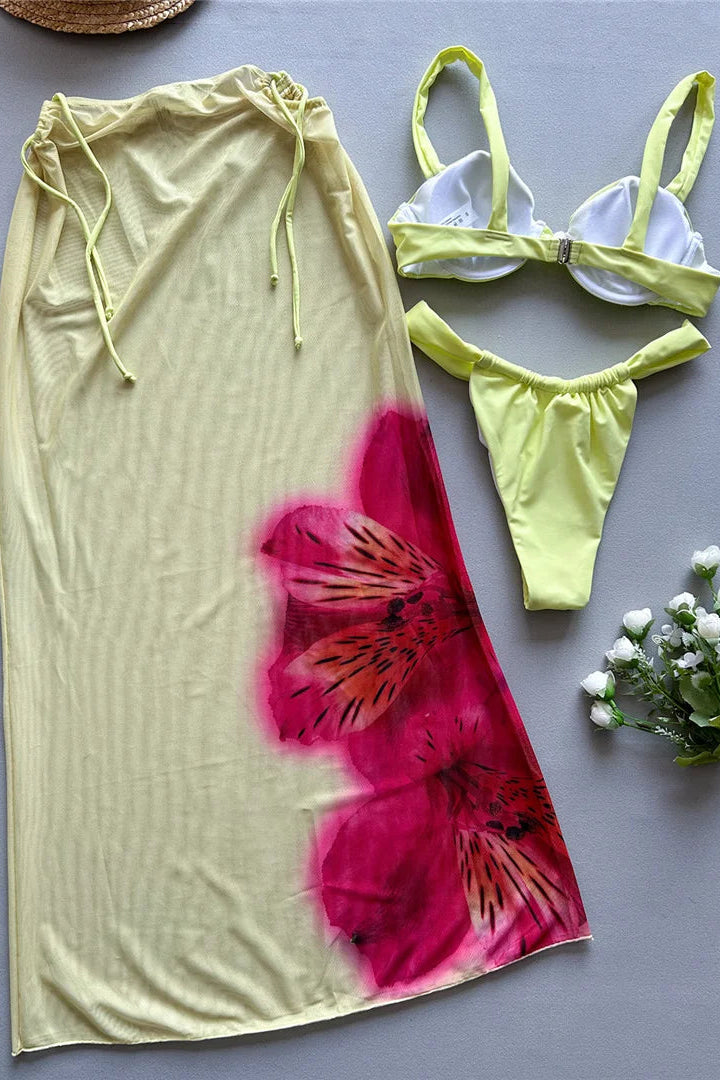 Yellow bikini set with pink floral design cover up dcostaa swimwears