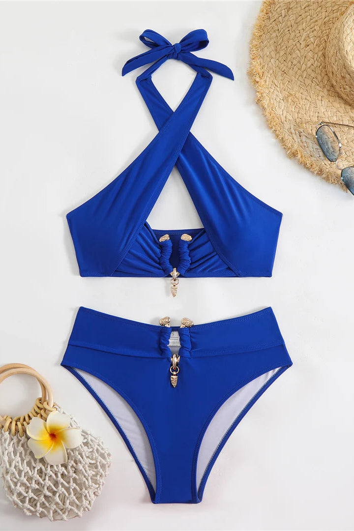 bikini set Solid Halter Neck Cut Out High Waist Bikini 