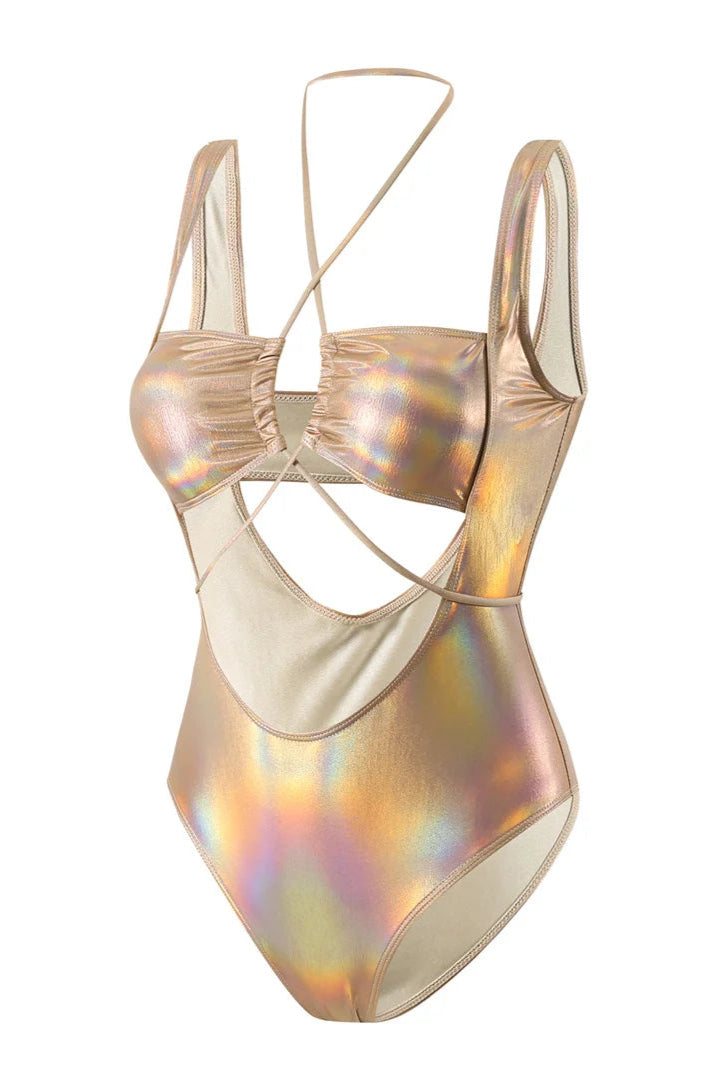 bikinis for summer Shiny PU Faux Leather Cut Out Halter Monokini