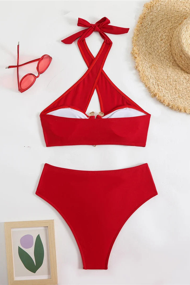bikinis for women Solid Halter Neck Cut Out High Waist Bikini red