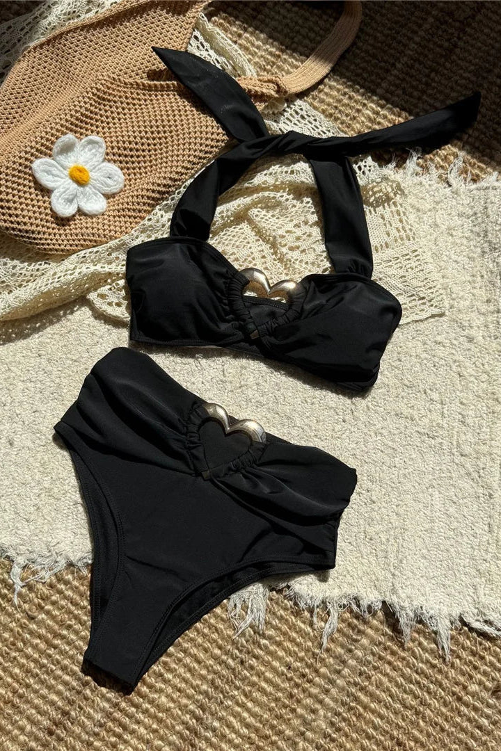black Halter Scrunch Butt High Waist Bikini Set 