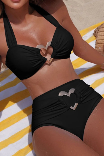 black Halter Scrunch Butt High Waist Bikini Set for women