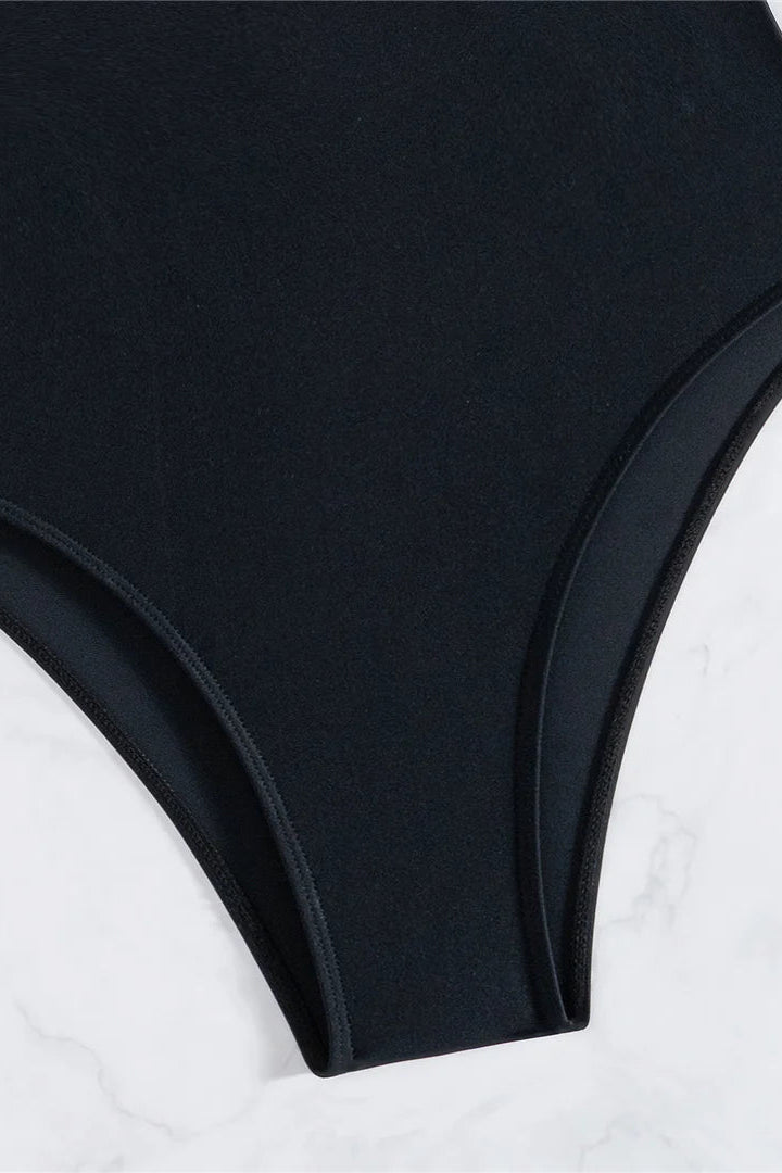 black Splicing V Neck Cross Back One Piece Swimwear