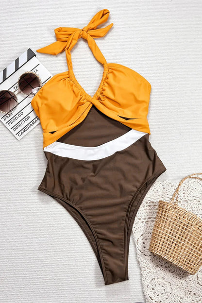 brown Padded Halter Monokini One Piece Swimsuit