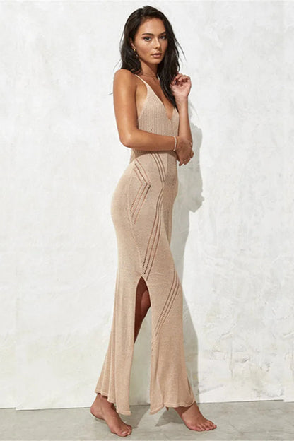 brown Sexy Knit V-Neck Maxi Dress 