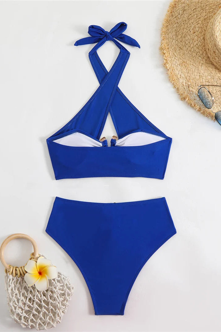 buy bikini online Solid Halter Neck Cut Out High Waist Bikini 