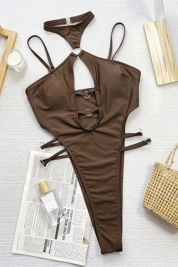 buy now Cut Out Halter Micro Thong One Piece Swimsuit
