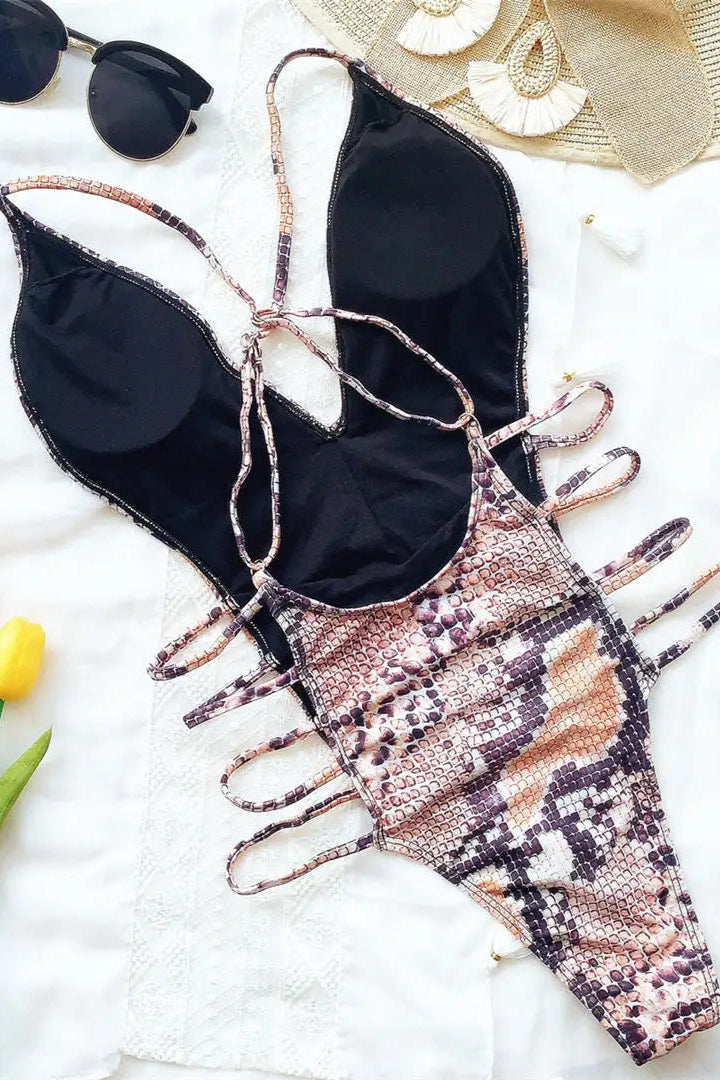 buy now Sexy Deep V Snake Skin One Piece Swimwear