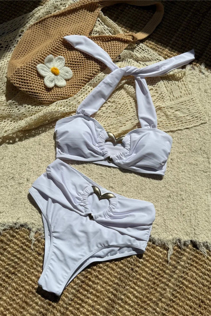 buy  now Solid Color Halter Scrunch Butt High Waist Bikini Set