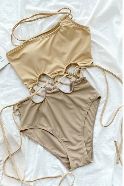 cream Wrap Around One Shoulder Swimwear