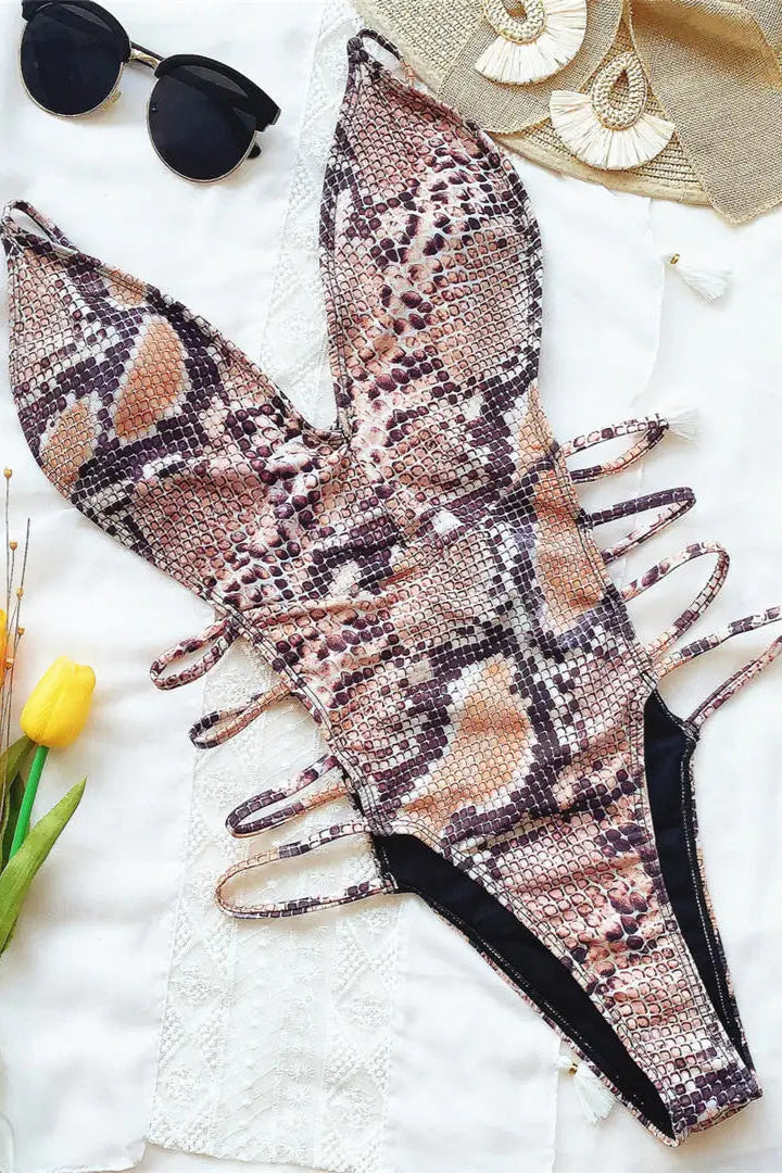 dcostaa Sexy Deep V Snake Skin One Piece Swimwear