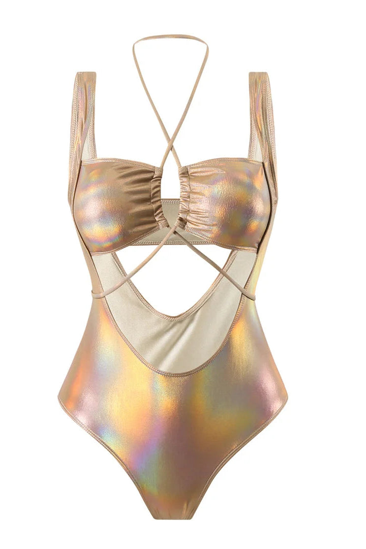 golden Shiny PU Faux Leather Cut Out Halter Monokini