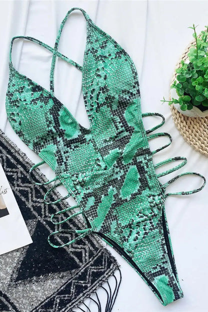 green Deep V Snake Skin One Piece Swimwear