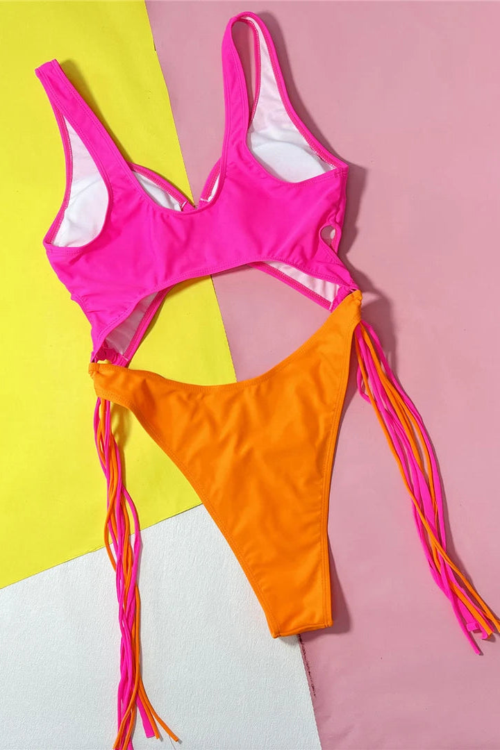 orange Tummy Cutout Fringe Tassel One Piece Swimsuit