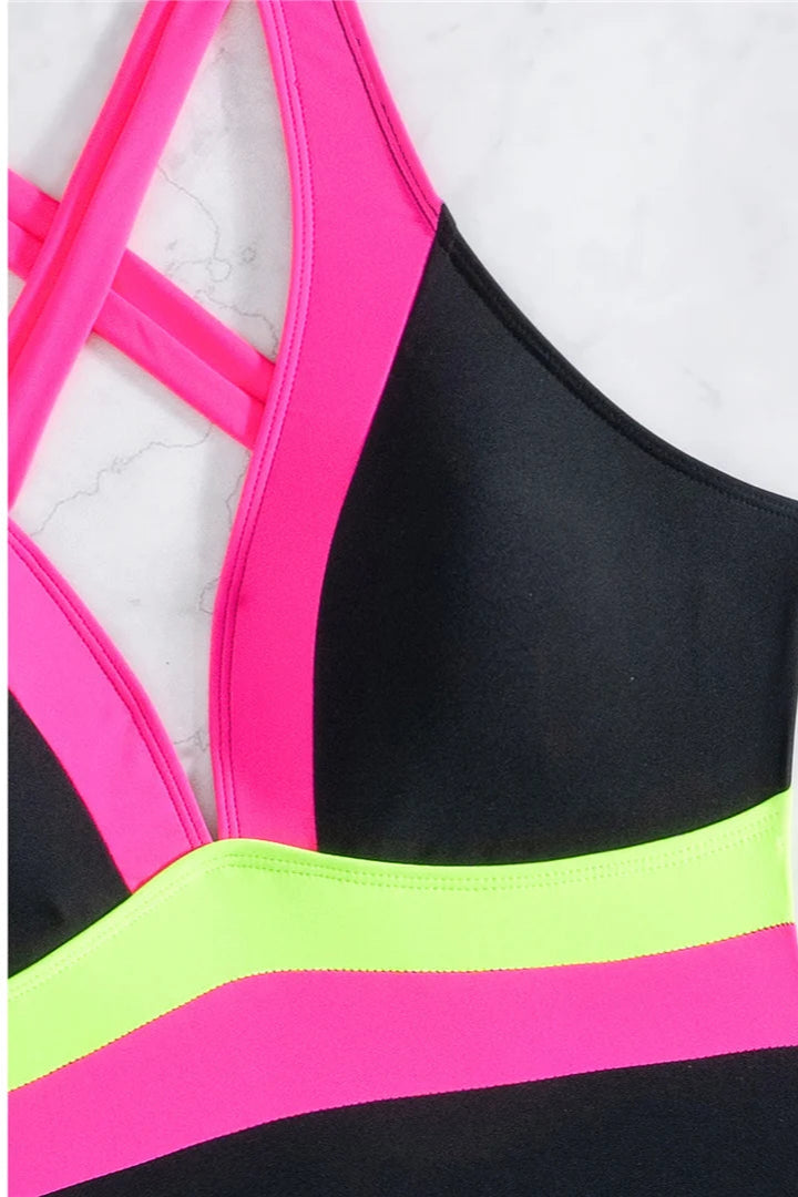 pink Splicing V Neck Cross Back One Piece Swimwear