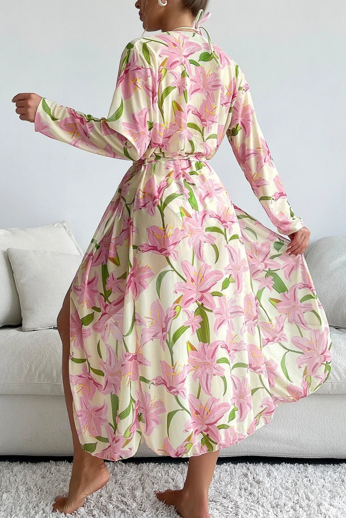 pink green floral print three piece