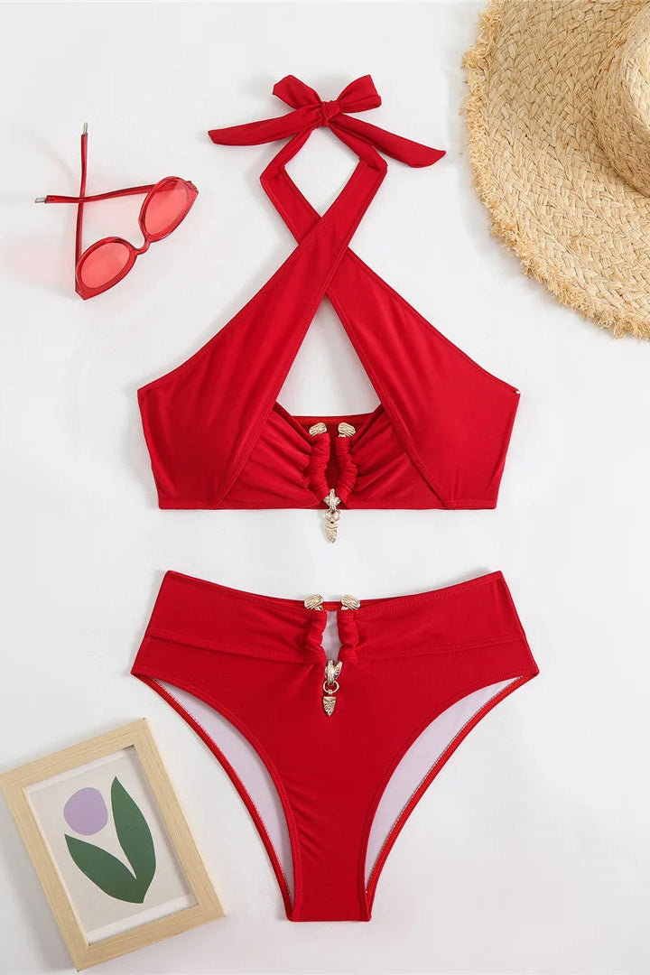 red bikinis for women Solid Halter Neck Cut Out High Waist Bikini 
