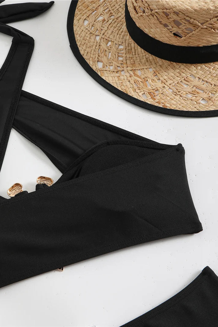 sexy bikini Solid Halter Neck Cut Out High Waist Bikini 