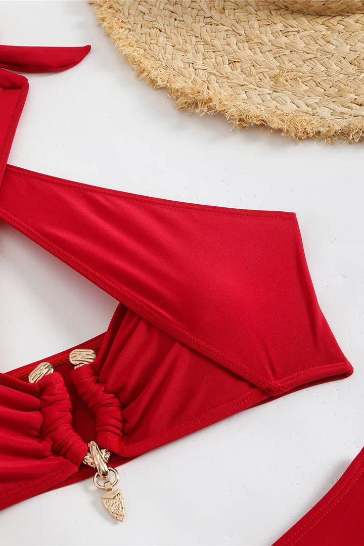 sexy bikini Solid Halter Neck Cut Out High Waist Bikini red