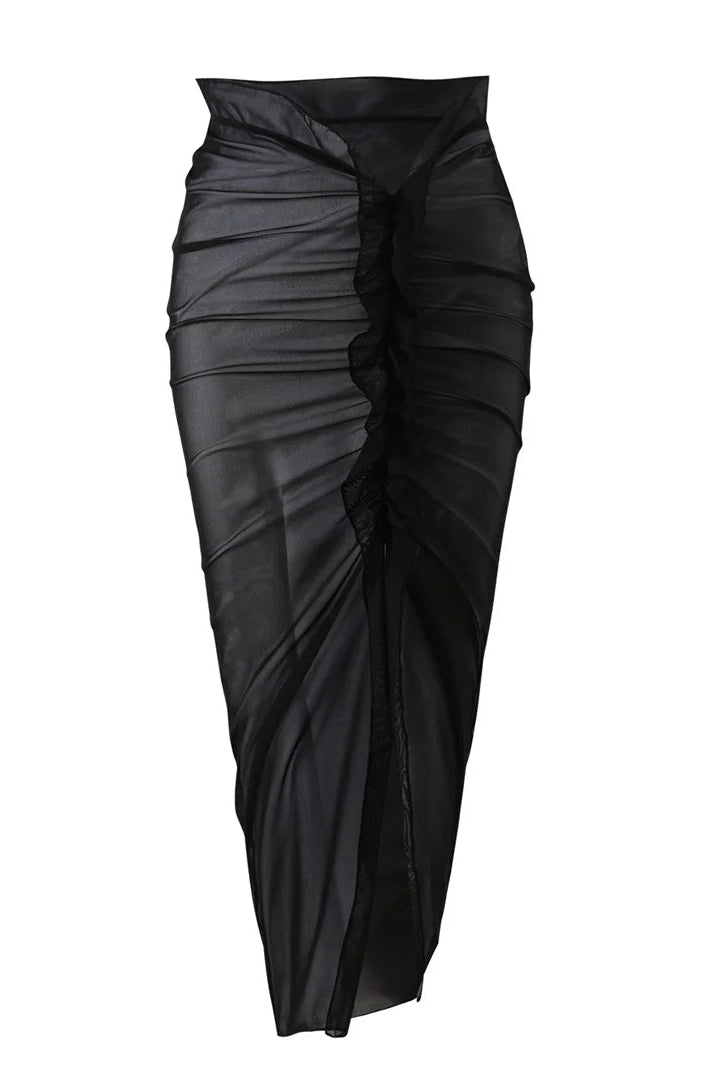 sheer mesh skirt with middle front slit in black perfect for layering over swimwear as stylish resort wear.