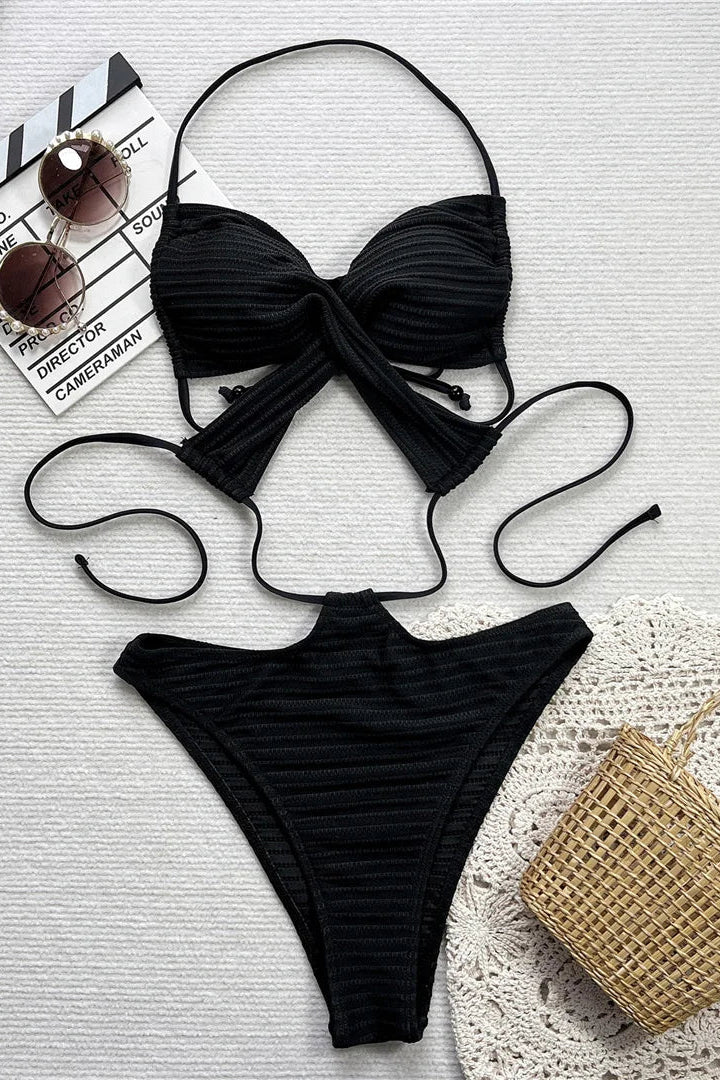 shop now Ribbed Cut Out Halter Backless One Piece Swimsuit
